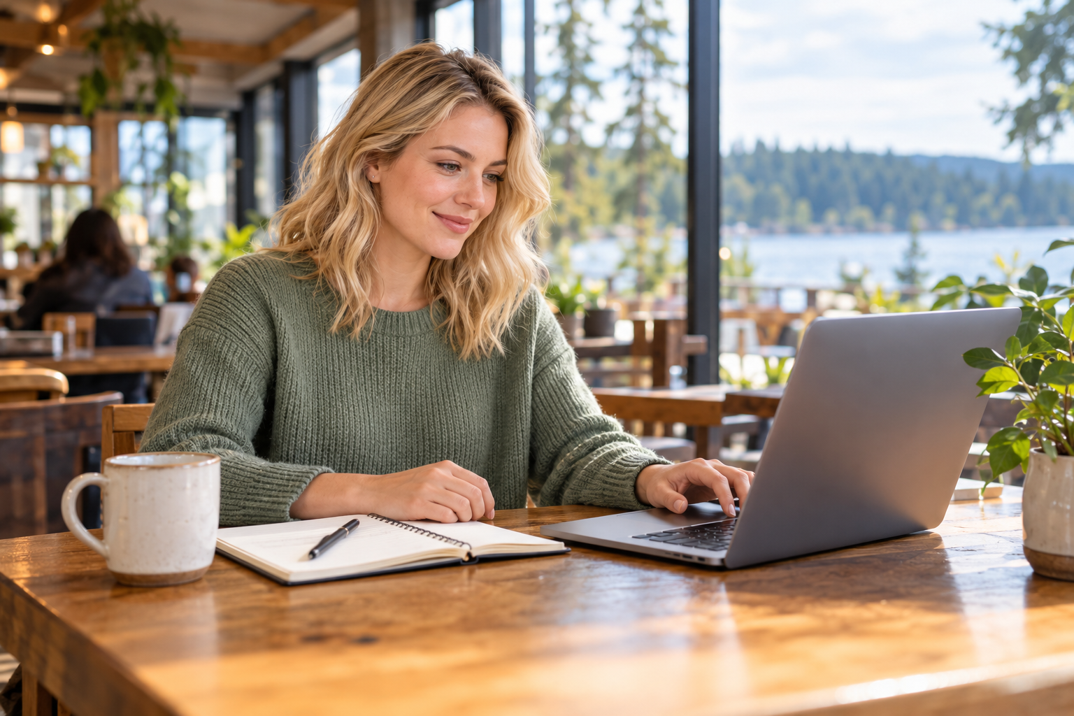 A learner studying on a laptop in a bright café